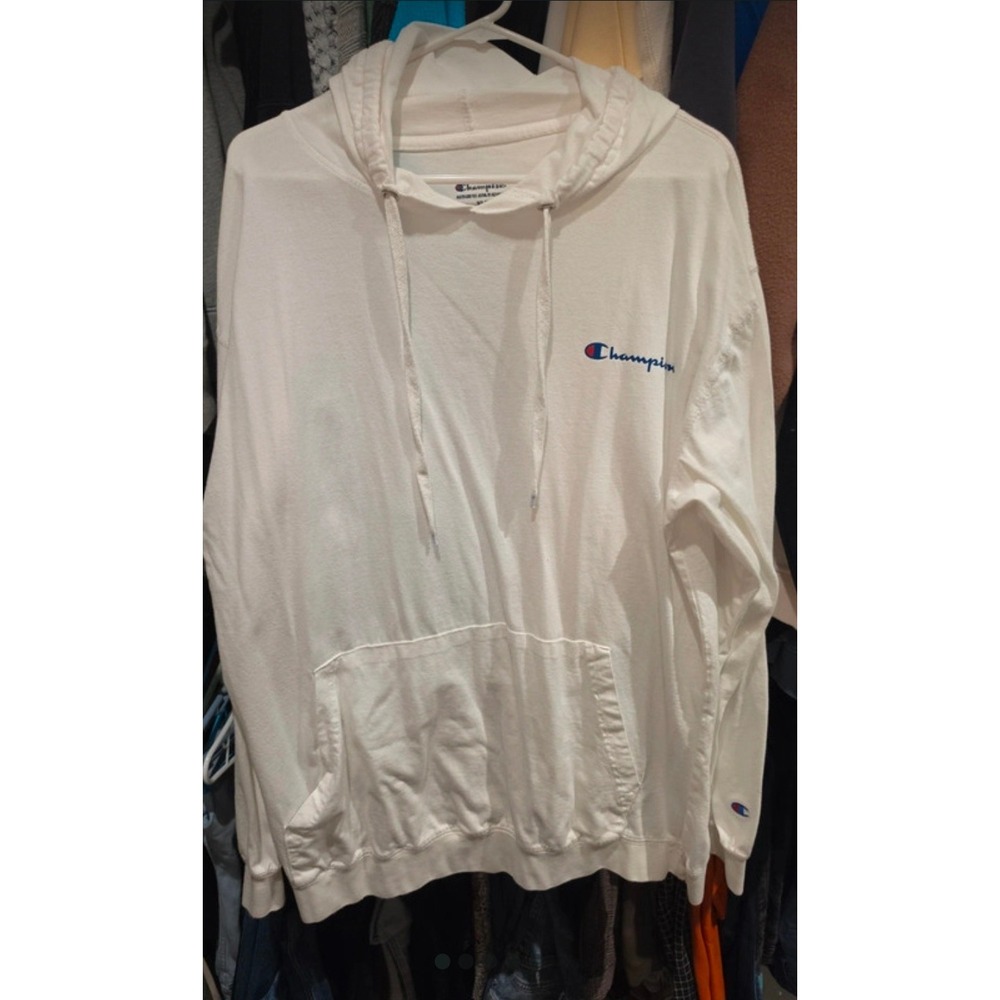 Champion Mens XLT White Lightweight Jersey Hoodie Script Logo Long Sleeve Tee